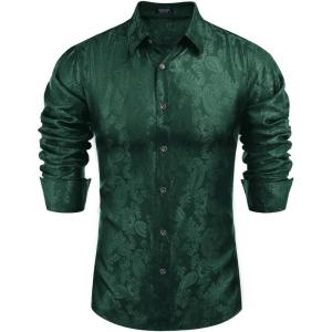 imageCOOFANDY Mens Silk Satin Dress Shirt Long Sleeve Floral Printed Shirt Paisley Button Down Shirts for Wedding Party PromGreen