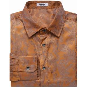 imageCOOFANDY Mens Silk Satin Dress Shirt Long Sleeve Floral Printed Shirt Paisley Button Down Shirts for Wedding Party PromLight Brown