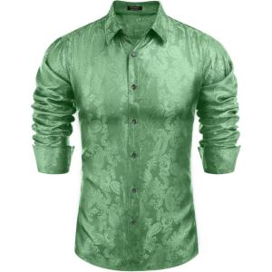 imageCOOFANDY Mens Silk Satin Dress Shirt Long Sleeve Floral Printed Shirt Paisley Button Down Shirts for Wedding Party PromLight Green