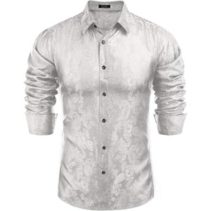 imageCOOFANDY Mens Silk Satin Dress Shirt Long Sleeve Floral Printed Shirt Paisley Button Down Shirts for Wedding Party PromLight Grey
