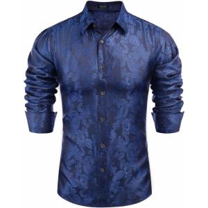 imageCOOFANDY Mens Silk Satin Dress Shirt Long Sleeve Floral Printed Shirt Paisley Button Down Shirts for Wedding Party PromNavy Blue