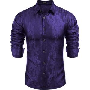 imageCOOFANDY Mens Silk Satin Dress Shirt Long Sleeve Floral Printed Shirt Paisley Button Down Shirts for Wedding Party PromPurple