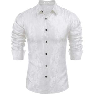 imageCOOFANDY Mens Silk Satin Dress Shirt Long Sleeve Floral Printed Shirt Paisley Button Down Shirts for Wedding Party PromWhite