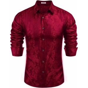 imageCOOFANDY Mens Silk Satin Dress Shirt Long Sleeve Floral Printed Shirt Paisley Button Down Shirts for Wedding Party PromWine Red