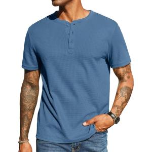 imageCOOFANDY Mens Waffle Henley Short Sleeve Textured T Shirt Casual Button Tee Shirts Heavyweight Henley Summer TopBlue