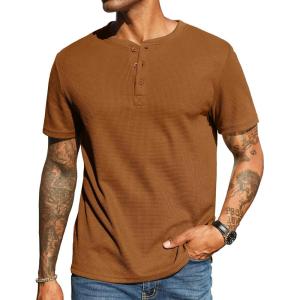 imageCOOFANDY Mens Waffle Henley Short Sleeve Textured T Shirt Casual Button Tee Shirts Heavyweight Henley Summer TopLight Brown