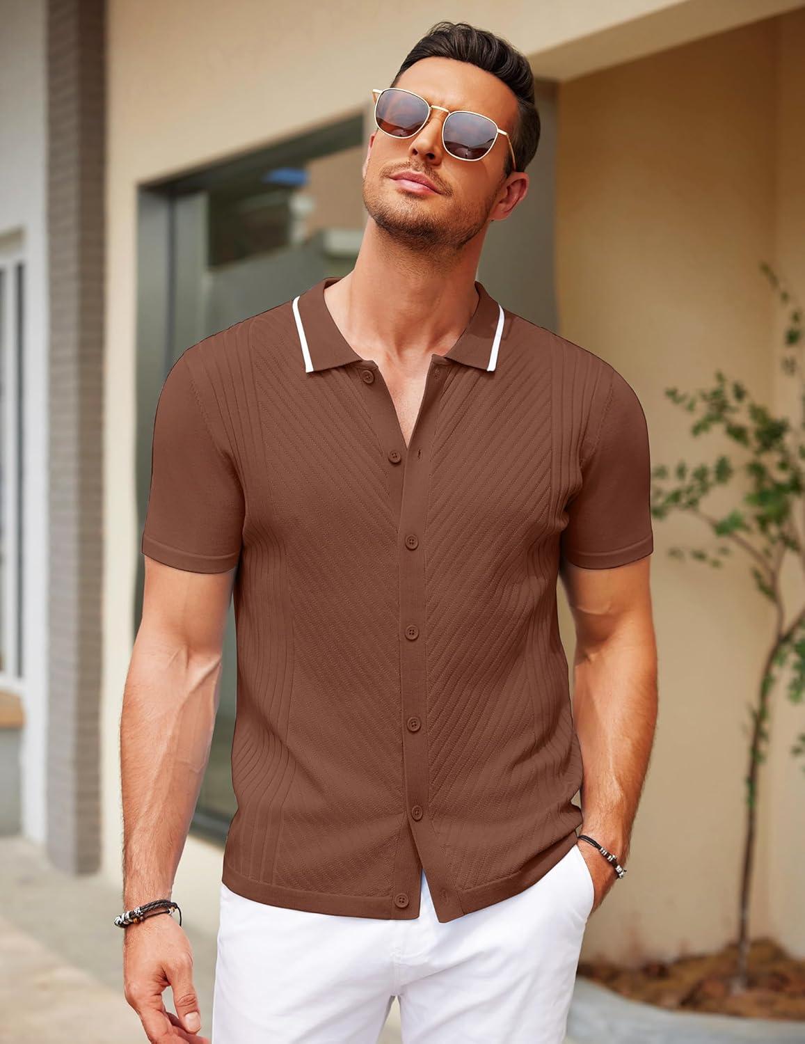 imageCOOFANDY Mens Knit Short Sleeve Button Down Shirt Vintage Polo Shirt Casual Summer Beach ShirtsAcorn