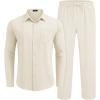 imageCOOFANDY Mens Linen Sets 2 Piece Long Sleeve Button Down Cuban Shirt and Pants Set Summer Beach Set OutfitsBeige