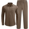 imageCOOFANDY Mens Linen Sets 2 Piece Long Sleeve Button Down Cuban Shirt and Pants Set Summer Beach Set OutfitsBrown
