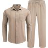 imageCOOFANDY Mens Linen Sets 2 Piece Long Sleeve Button Down Cuban Shirt and Pants Set Summer Beach Set OutfitsKhaki