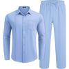 imageCOOFANDY Mens Linen Sets 2 Piece Long Sleeve Button Down Cuban Shirt and Pants Set Summer Beach Set OutfitsLight Blue