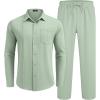 imageCOOFANDY Mens Linen Sets 2 Piece Long Sleeve Button Down Cuban Shirt and Pants Set Summer Beach Set OutfitsLight Green