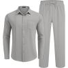 imageCOOFANDY Mens Linen Sets 2 Piece Long Sleeve Button Down Cuban Shirt and Pants Set Summer Beach Set OutfitsLight Grey