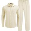imageCOOFANDY Mens Linen Sets 2 Piece Long Sleeve Button Down Cuban Shirt and Pants Set Summer Beach Set OutfitsLight Khaki