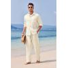 imageCOOFANDY Mens Linen Sets 2 Piece Long Sleeve Button Down Cuban Shirt and Pants Set Summer Beach Set OutfitsLight Khaki
