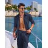 imageCOOFANDY Mens Linen Sets 2 Piece Long Sleeve Button Down Cuban Shirt and Pants Set Summer Beach Set OutfitsNavy Blue