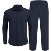 imageCOOFANDY Mens Linen Sets 2 Piece Long Sleeve Button Down Cuban Shirt and Pants Set Summer Beach Set OutfitsNavy Blue