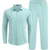 imageCOOFANDY Mens Linen Sets 2 Piece Long Sleeve Button Down Cuban Shirt and Pants Set Summer Beach Set OutfitsSky Blue