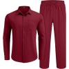 imageCOOFANDY Mens Linen Sets 2 Piece Long Sleeve Button Down Cuban Shirt and Pants Set Summer Beach Set OutfitsWine Red