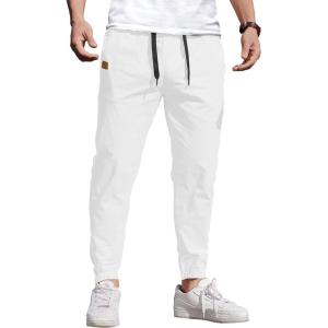 imageCOOFANDY Mens Casual Joggers Pants Cotton Elastic Waist Drawstring Chino Cargo Pants Hiking Outdoor Track SweatpantsWhite