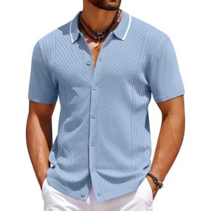 imageCOOFANDY Mens Knit Short Sleeve Button Down Shirt Vintage Polo Shirt Casual Summer Beach ShirtsAngel Falls