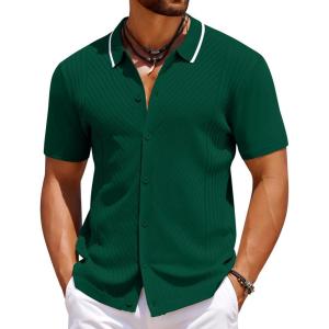 imageCOOFANDY Mens Knit Short Sleeve Button Down Shirt Vintage Polo Shirt Casual Summer Beach ShirtsEvergreen