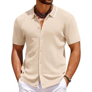 imageCOOFANDY Mens Knit Short Sleeve Button Down Shirt Vintage Polo Shirt Casual Summer Beach ShirtsWood Ash