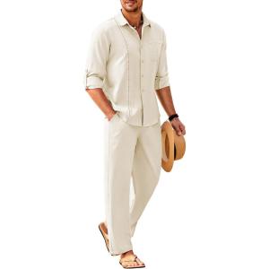 imageCOOFANDY Mens Linen Sets 2 Piece Long Sleeve Button Down Cuban Shirt and Pants Set Summer Beach Set OutfitsBeige