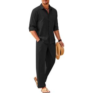 imageCOOFANDY Mens Linen Sets 2 Piece Long Sleeve Button Down Cuban Shirt and Pants Set Summer Beach Set OutfitsBlack