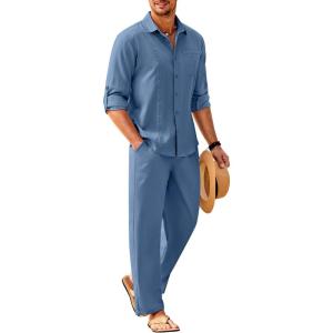 imageCOOFANDY Mens Linen Sets 2 Piece Long Sleeve Button Down Cuban Shirt and Pants Set Summer Beach Set OutfitsDenim Blue