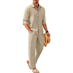 imageCOOFANDY Mens Linen Sets 2 Piece Long Sleeve Button Down Cuban Shirt and Pants Set Summer Beach Set OutfitsKhaki
