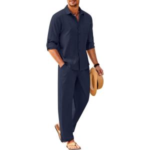 imageCOOFANDY Mens Linen Sets 2 Piece Long Sleeve Button Down Cuban Shirt and Pants Set Summer Beach Set OutfitsNavy Blue
