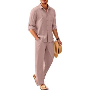 imageCOOFANDY Mens Linen Sets 2 Piece Long Sleeve Button Down Cuban Shirt and Pants Set Summer Beach Set OutfitsPink