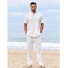 imageCOOFANDY Mens 2 Piece Cotton Sets Casual Short Sleeve Henley Shirts and Beach Pants with Pockets Summer Vacation OutfitsAwhite
