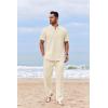 imageCOOFANDY Mens 2 Piece Cotton Sets Casual Short Sleeve Henley Shirts and Beach Pants with Pockets Summer Vacation OutfitsBeige