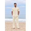 imageCOOFANDY Mens 2 Piece Cotton Sets Casual Short Sleeve Henley Shirts and Beach Pants with Pockets Summer Vacation OutfitsBeige