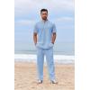 imageCOOFANDY Mens 2 Piece Cotton Sets Casual Short Sleeve Henley Shirts and Beach Pants with Pockets Summer Vacation OutfitsBlue