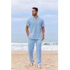 imageCOOFANDY Mens 2 Piece Cotton Sets Casual Short Sleeve Henley Shirts and Beach Pants with Pockets Summer Vacation OutfitsBlue