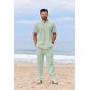imageCOOFANDY Mens 2 Piece Cotton Sets Casual Short Sleeve Henley Shirts and Beach Pants with Pockets Summer Vacation OutfitsGreen