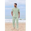 imageCOOFANDY Mens 2 Piece Cotton Sets Casual Short Sleeve Henley Shirts and Beach Pants with Pockets Summer Vacation OutfitsGreen