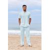imageCOOFANDY Mens 2 Piece Cotton Sets Casual Short Sleeve Henley Shirts and Beach Pants with Pockets Summer Vacation OutfitsLight Blue