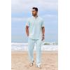 imageCOOFANDY Mens 2 Piece Cotton Sets Casual Short Sleeve Henley Shirts and Beach Pants with Pockets Summer Vacation OutfitsLight Blue