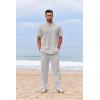 imageCOOFANDY Mens 2 Piece Cotton Sets Casual Short Sleeve Henley Shirts and Beach Pants with Pockets Summer Vacation OutfitsLight Grey