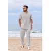 imageCOOFANDY Mens 2 Piece Cotton Sets Casual Short Sleeve Henley Shirts and Beach Pants with Pockets Summer Vacation OutfitsLight Grey