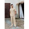 imageCOOFANDY Mens 2 Piece Cotton Sets Casual Short Sleeve Henley Shirts and Beach Pants with Pockets Summer Vacation OutfitsLight Khaki