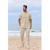 imageCOOFANDY Mens 2 Piece Cotton Sets Casual Short Sleeve Henley Shirts and Beach Pants with Pockets Summer Vacation OutfitsLight Khaki