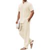 imageCOOFANDY Mens 2 Piece Cotton Sets Casual Short Sleeve Henley Shirts and Beach Pants with Pockets Summer Vacation OutfitsBeige
