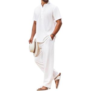 imageCOOFANDY Mens 2 Piece Cotton Sets Casual Short Sleeve Henley Shirts and Beach Pants with Pockets Summer Vacation OutfitsAwhite