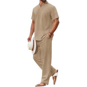 imageCOOFANDY Mens 2 Piece Cotton Sets Casual Short Sleeve Henley Shirts and Beach Pants with Pockets Summer Vacation OutfitsKhaki