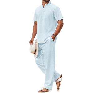 imageCOOFANDY Mens 2 Piece Cotton Sets Casual Short Sleeve Henley Shirts and Beach Pants with Pockets Summer Vacation OutfitsLight Blue